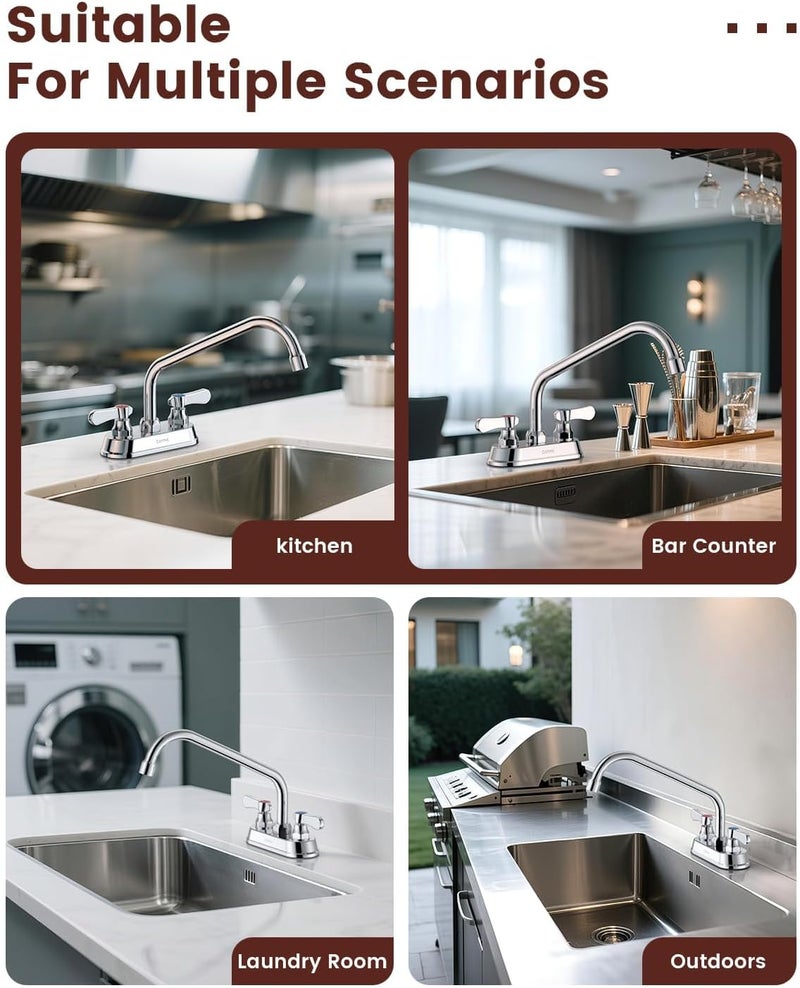 DAYONE 4" Center Commercial Bar Sink Faucet Chrome - Utility Sink Faucet 2 Handle with 10 inch 360° Swivel Spout Deck Mount for Kitchen Restaurant Sinks - Image 5